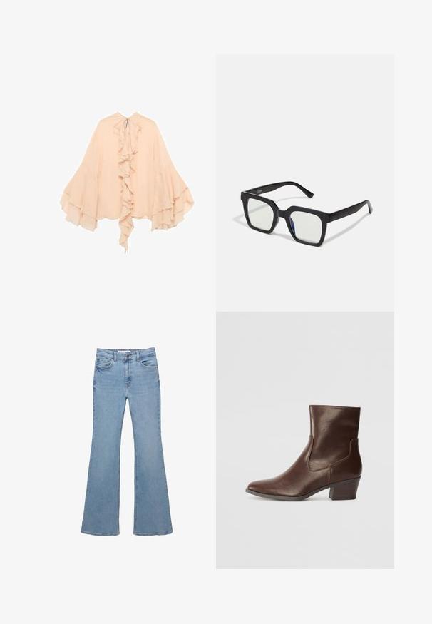 Bluză din chiffon de culoare piersică, cu față volanată, mâneci evazate și închidere cu fundă la gât. Textură moale și siluetă fluidă.; Jeans din denim de un albastru deschis, cu talie înaltă, design cu cinci buzunare, sistem de închidere cu buton și picioare ușor evazate.; Bocanci de piele maro până la gleznă, cu vârf ascuțit și toc pătrat. Prezintă decupaje laterale și o textură netedă, concepuți pentru o siluetă ajustată.; Ochelari de soare negri cu un finisaj mat, având lentile transparente și o ușoară nuanță albastră pe o parte. Design robust și unghiular.