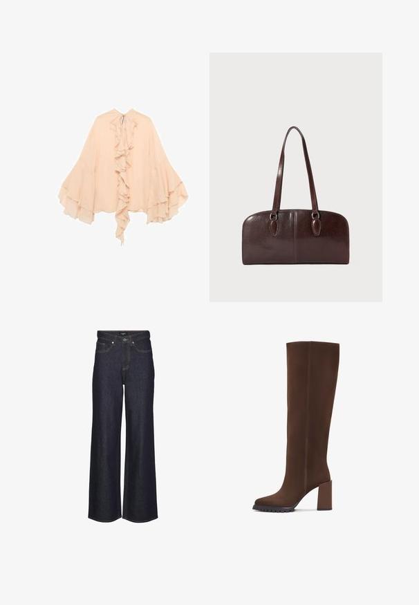 Bluză din chiffon de culoare piersică, cu față volanată, mâneci evazate și închidere cu fundă la gât. Textură moale și siluetă fluidă.; Jeans cu talie înaltă și picioare largi, din denim închis. Prezintă cusături clasice, cinci buzunare și închidere cu buton în față.; Botine maro până la genunchi, fabricate dintr-un material moale, cu bot pătrat, toc bloc și o talpă din cauciuc texturată. Linii clare, fără ornamente.; Geantă din piele maro, cu două mânere lungi, de formă rectangulară structurată, textură netedă și colțuri rotunjite. Include detalii accentuate la mânere.