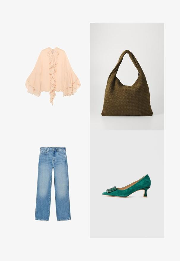 Blouse en chiffon de couleur pêche avec un devant froncé, des manches évasées et une fermeture à nouer au cou. Texture douce et silhouette fluide.; Jean en denim bleu clair avec une coupe droite, un design à cinq poches et une légère décoloration. Comprend une fermeture à bouton et à glissière à la taille.; Chaussure à talon kitten en daim vert avec un bout pointu et une boucle décorative en bijoux à l'avant, présentée en profil latéral sur fond blanc.; Sac en tissu tissé de couleur olive avec une forme ronde et spacieuse et une longue poignée unique pour le porter. Surface texturée.