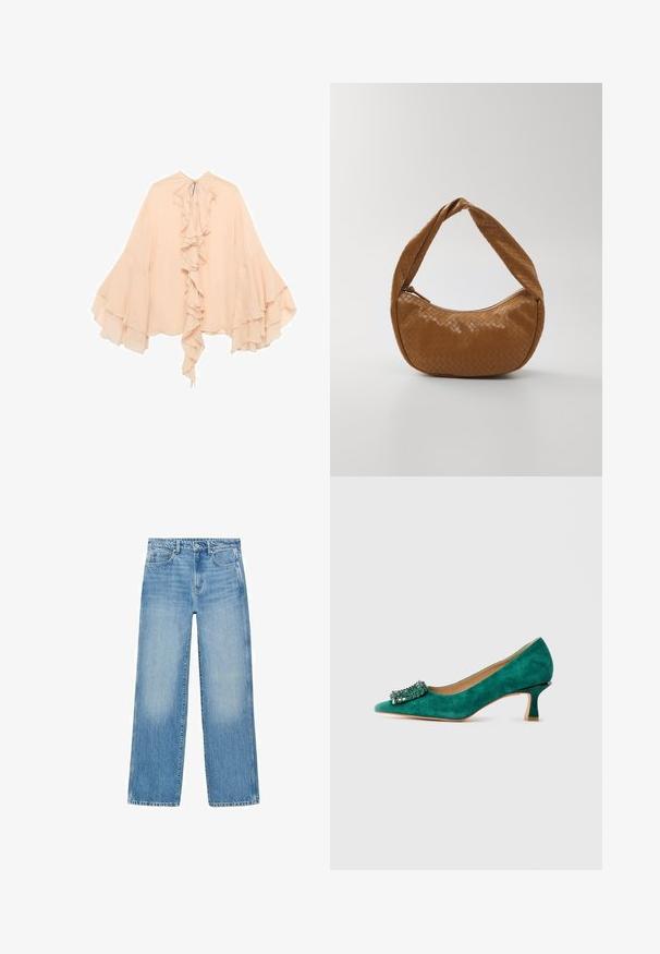 Perzikkleurige chiffon blouse met gerimpelde voorkant, uitlopende mouwen en een striksluiting bij de nek. Zachte textuur en vloeiende silhouet.; Lichtblauwe spijkerbroek met een rechte snit, vijf-pocket ontwerp en subtiele vervaging. Heeft een knoop en rits sluiting in de taille.; Groene suède kitten heel schoen met een spitse neus en een decoratieve juwelen gesp aan de voorkant, weergegeven in zijprofiel op een witte achtergrond.; Geweven leren handtas in bruin, ovale vorm met een dikke gevlochten handgreep, voorzien van een ritssluiting en een glanzende textuur.