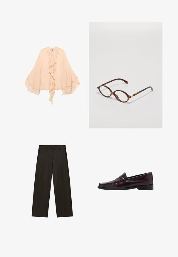 Peach-colored chiffon blouse with ruffled front, flared sleeves, and a tie closure at the neck. Soft texture and flowing silhouette.; Wide-leg trousers made of dark fabric, featuring a flat front with belt loops, two side pockets, and a classic button closure.; Men’s dark brown leather penny loafer with black sole and stitching detail along the toe, shown in side profile.; Tortoiseshell eyeglasses with oval frames, clear lenses, and gold accents. Features curved temples and a smooth, glossy finish.; Brown leather handbag with two long handles, a structured rectangular shape, smooth texture, and rounded edges. Features accent details at the handles.