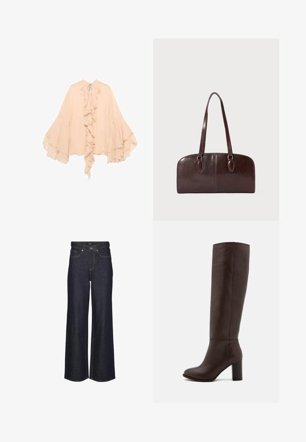 Bluză din chiffon de culoare piersică, cu față volanată, mâneci evazate și închidere cu fundă la gât. Textură moale și siluetă fluidă.; Jeans cu talie înaltă și picioare largi, din denim închis. Prezintă cusături clasice, cinci buzunare și închidere cu buton în față.; Botă din piele maro, până la genunchi, cu toc bloc, textură netedă, vârf rotund și detalii de cusătură minime.; Geantă din piele maro, cu două mânere lungi, de formă rectangulară structurată, textură netedă și colțuri rotunjite. Include detalii accentuate la mânere.
