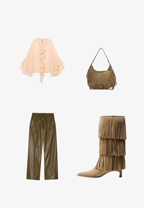 Bluzka z przezroczystego szyfonu w kolorze brzoskwiniowym z falbaniastym przodem, szerokimi rękawami i zapięciem na kokardę przy szyi. Miękka faktura i zwiewny fason.; Olive zielone szerokie spodnie z sztucznej skóry z elastycznym pasem i regulowanym sznurkiem. Posiadają dwie boczne kieszenie i gładką teksturę.; Botki na kostkę w kolorze jasnobrązowym z zamszu, z trzema warstwami frędzli. Szpiczasty nos i niski klocek. Gładka faktura na całej powierzchni.; Brązowa torebka z zamszu z długimi frędzlami, o zakrzywionym kształcie i pojedynczym paskiem na ramię. Posiada gładką, teksturowaną powierzchnię.