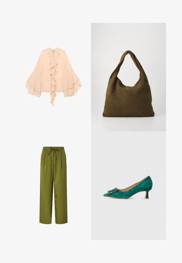 Persikofärgad chiffonblus med volang i fronten, utsvängda ärmar och knytning vid halsen. Mjuk textur och flödande silhuett.; Olivgröna byxor med vida ben, vertikala ränder, knytmidja och veck framtill; slät textur och smalnande muddar vid anklarna.; Gröna mocka kittenheel-skor med spetsig tå och dekorerad juvelspänne fram, visade i sidoprofil mot vit bakgrund.; Vävd tygväska i olivgrön med en rymlig, rundad form och ett enda, förlängt handtag för bärning. Strukturerad yta.