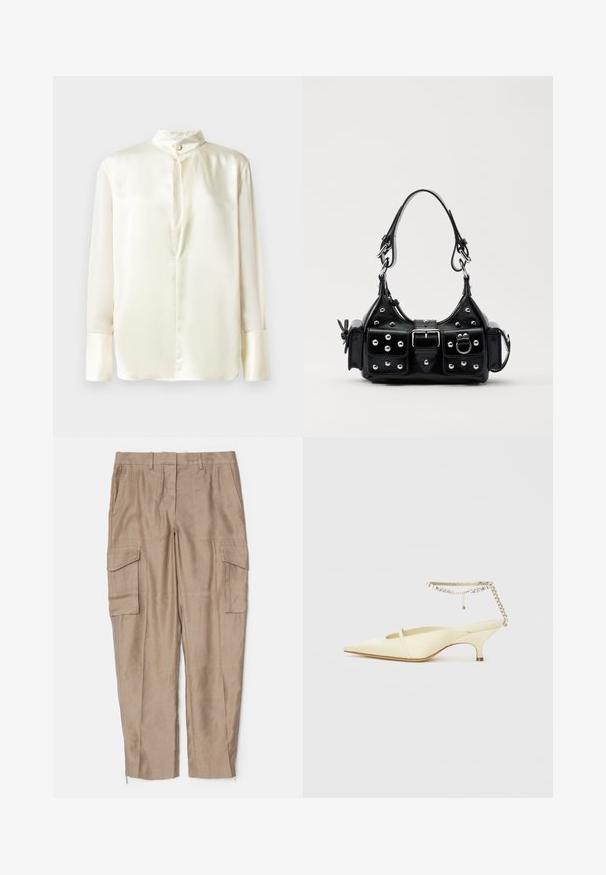 Bela svilen bluzon z dolgimi rokavi, stoječim ovratnikom in sprednjim zapiranjem na gumb. Gladka tekstura in minimalističen dizajn brez vzorcev.; Bež usnjene hlače s sproščenim krojem, več stranskimi žepi in zadrgami na gležnjih. Narejene iz lahkotnega materiala.; Rumena satenska čevlja s koničastim nosom in nizkim petkom, z dekorativnim zapestnim trakom, okrašenim s kamenčki. Gladka tekstura, minimalen dizajn.; Črna usnjena torbica s ukrivljenim dizajnom, ki vsebuje srebrne žebljičke, zaponko in dve stranski žepki. Nastavljiv trak za različne možnosti nošenja.