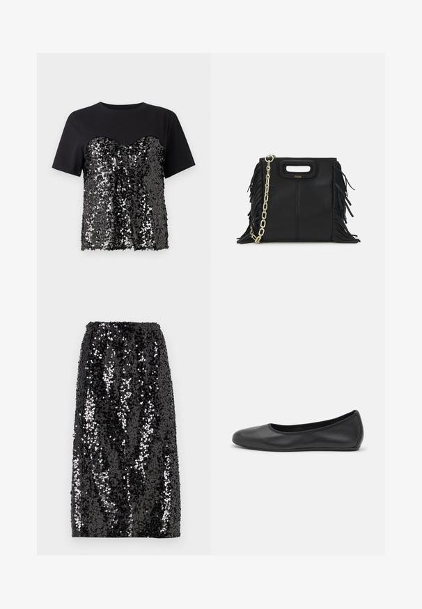 Melnā T-krekla ar sekvīnu rotājumiem uz krūšdaļas, veidojot sirds formu. Augšējā daļa ir gluda, pretstatā faktūrētajai apakšējai pusei.; Melnas spīdīgas svārki ar taisnu siluetu, elastīgu jostu un gludu tekstūru, rotāti ar dažāda izmēra spīdīgām spuldzītēm, kas nodrošina vizuālu kontrastu.; Melna ādas baleta kurpe ar noapaļotu purngalu, gludu tekstūru, minimālu šuvju detalizāciju un elastīgu zoles dizainu.; Melna ādas rokassoma ar frizūras detaļām, zelta ķēdes plecu siksnu un izgrieztu rokturi. Ir logotipa novietojums priekšpusē.