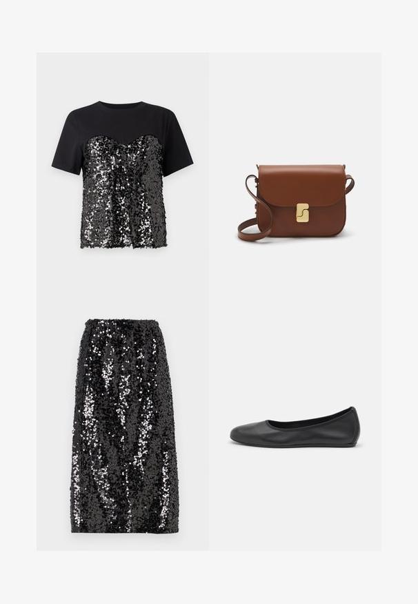 T-shirt preto com um corpete adornado com lantejoulas em forma de coração. A parte superior é lisa, contrastando com a metade inferior texturizada.; Saia de lantejoulas preta com um corte reto, cintura elástica e uma textura suave, adornada com lantejoulas brilhantes de tamanhos variados para criar um contraste visual.; Bailarina preta em pele com bico arredondado, textura suave, detalhe de costura minimalista e design de sola flexível.; Bolsa de couro castanho com fecho de aba, decoração em tom dourado, alça de ombro e textura suave. Formato retangular compacto.