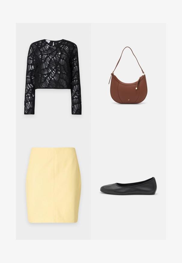 Crop top nero a maniche lunghe con un design trasparente e texturizzato caratterizzato da motivi ondulati sovrapposti e scollatura rotonda.; Gonna gialla corta con una texture liscia e una vestibilità slim, caratterizzata da un design pulito e minimi dettagli di cucitura.; Pantofole da balletto nere in pelle con punta arrotondata, texture liscia, dettagli di cucitura minimi e design con suola flessibile.; Borsa a spalla in finta pelle marrone con forma curvata, cuciture minime e un accento in metallo dorato. Presenta una chiusura con zip superiore e una tracolla regolabile.