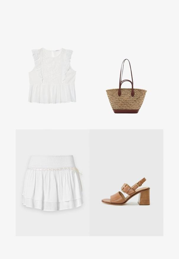 Weißes ärmelloses Oberteil mit gestickten Blumenmustern, Rüschendetails an den Schultern und einem gerafften Peplum-Saum. Schlüssel-Loch-Verschluss hinten.; Weißer Stufenrock mit elastischem Bund, der mit einem strukturierten Rüschenmuster und einem dekorativen Bandakzent versehen ist. Baumwollstoff.; Braune Leder-Absatzsandalen mit einem breiten Vorderriemen, verstellbarem Knöchelriemen mit einer goldenen Schnalle und einem strukturierten Blockabsatz.; Geflochtene Strohttasche mit geflochtener Textur, dunkelbraunen Ledergriffen und Boden, breiter runder Form und offenes Oberteil.