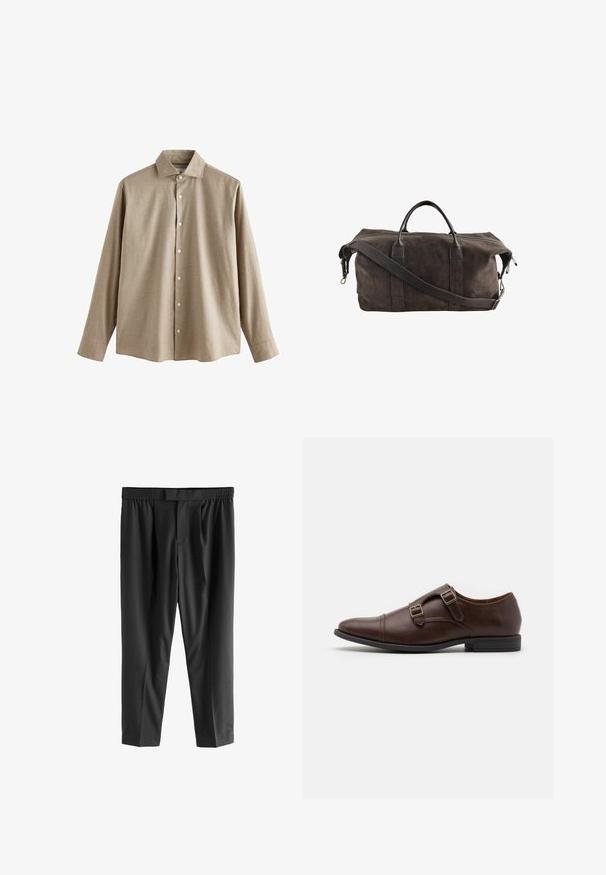 Langærmet lys brun skjorte med knapper i et tekstureret stof. Har en klassisk krave og hvide knapper langs fronten.; Next REGULAR FIT -CHECK SMART - Chino - black; Brune læder dress sko med spids tå, udstyret med to justerbare spænder og et slankt, lavt profil design. Flad sort gummisål.; Mørkebrun ruskinds weekendtaske med læderhåndtag og en justerbar skulderrem, som har en top lynlås lukning.
