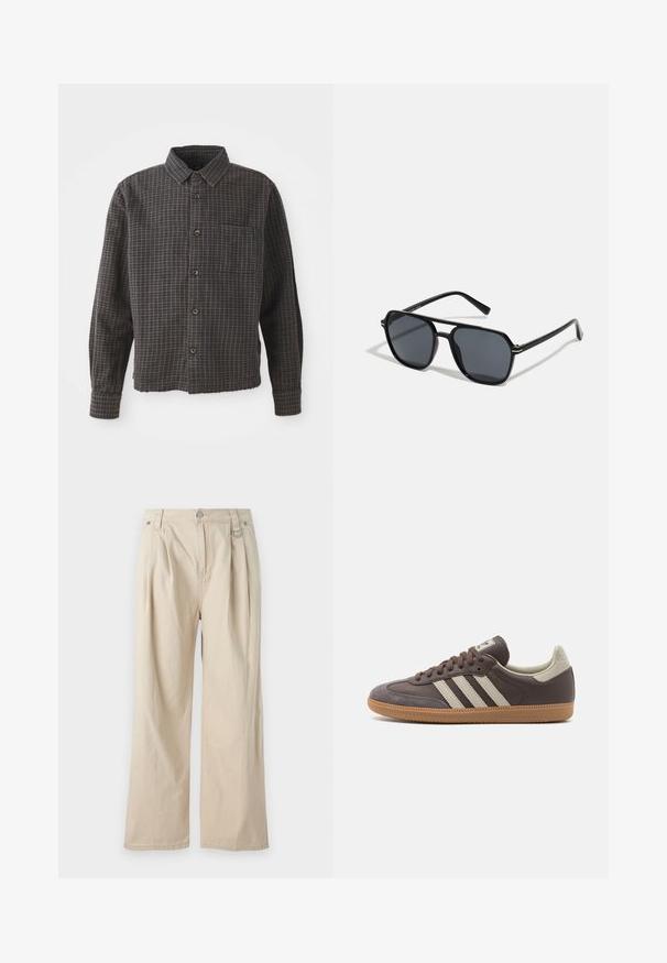 Langärmliges Hemd mit Knopfverschluss in grau-schwarzem Karomuster, mit kragen, einer Brusttasche und einem leicht verkürzten Saum.; The Ragged Priest SCHOLAR - Chino - ecru; Braune Leder-Sneaker mit drei hellen Streifen, Gummisohle, abgerundetem Zehenbereich und strukturierten Wildlederelementen an Ferse und Zehen.; Schwarze Sonnenbrille mit achteckigem Rahmen, dunklen Gläsern, glänzender Oberfläche, dünnen Bügeln und goldenen Akzenten auf der Vorderseite.