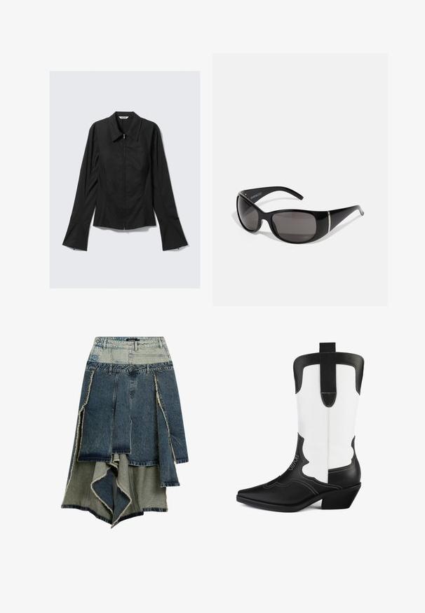 Black long-sleeve women's jacket with front zipper, wide cuffs, and a collar, laid flat on a light gray background.; Denim skirt featuring a patchwork design with varying shades of blue and green, frayed edges, asymmetrical hem, and multiple paneling.; Black and white cowboy boot made of synthetic leather, featuring pointed toe, scalloped design, and a low block heel. Notable stitching detail.; Black sunglasses with glossy plastic frames, gradient gray lenses, and silver-tone accents on the sides. Sleek, curved design.; Desigual Handbag - black