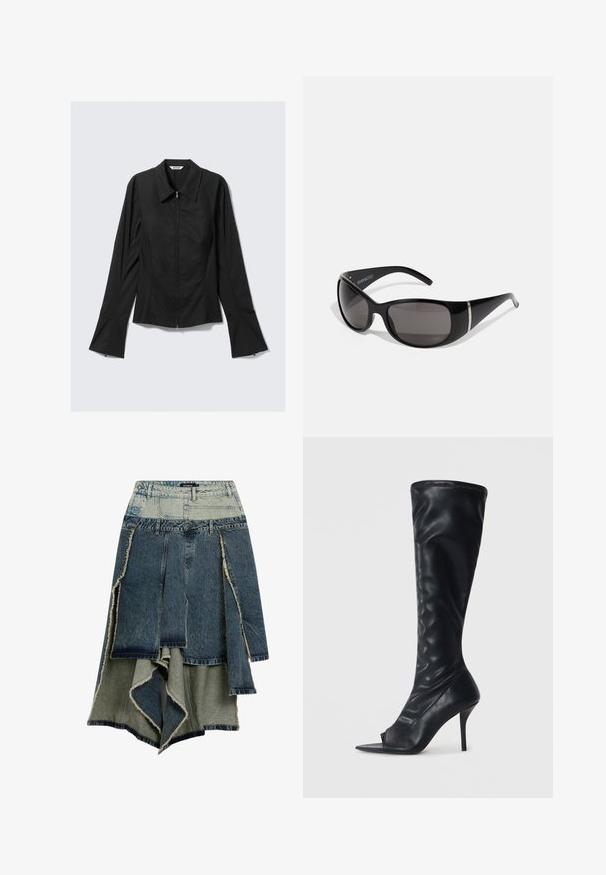 Black long-sleeve women's jacket with front zipper, wide cuffs, and a collar, laid flat on a light gray background.; Denim skirt featuring a patchwork design with varying shades of blue and green, frayed edges, asymmetrical hem, and multiple paneling.; Black synthetic leather knee-high boot with a pointed open toe and a high stiletto heel. Textured upper and smooth finish.; Black sunglasses with glossy plastic frames, gradient gray lenses, and silver-tone accents on the sides. Sleek, curved design.