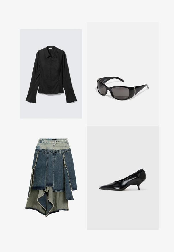 Fekete, hosszú ujjú női dzseki elől cipzárral, széles mandzsettákkal és gallérral, simán kifektetve egy világosszürke háttérre.; Farmertartó szoknya foltvarrásos dizájnnal, változó kék és zöld árnyalatokkal, roncsolt szélekkel, aszimmetrikus alsó résszel és több panelből álló kialakítással.; Fekete bőr magassarkú cipő hegyes orral, alacsony sarokkal, letisztult formával és sima textúrával. Slip-on stílusú, látható hardver nélkül.; Fekete napszemüveg fényes műanyag kerettel, átmeneti szürke lencsékkel és ezüstszínű díszítéssel az oldalán. Nyúlánk, ívelt dizájn.; Desigual Kézitáska - black