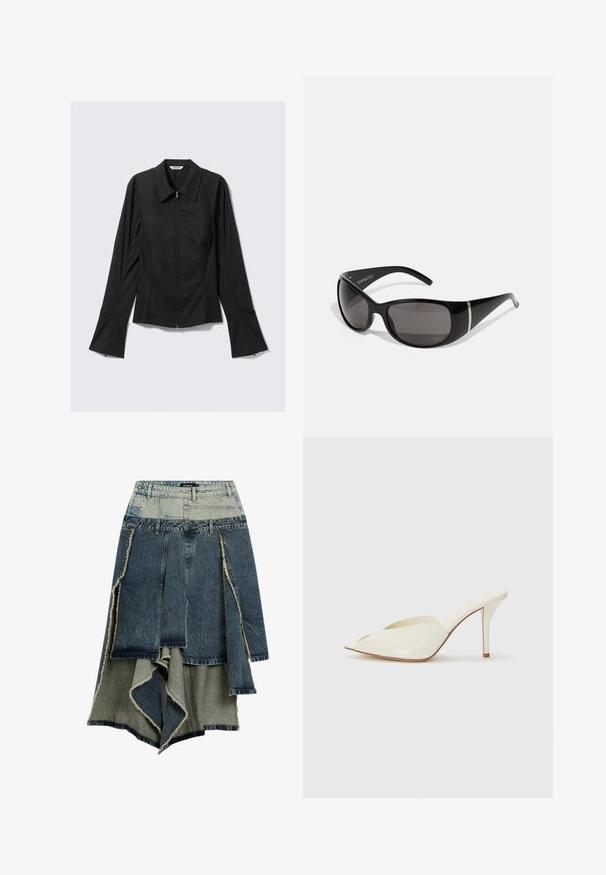 Black long-sleeve women's jacket with front zipper, wide cuffs, and a collar, laid flat on a light gray background.; Denim skirt featuring a patchwork design with varying shades of blue and green, frayed edges, asymmetrical hem, and multiple paneling.; White patent leather open-toe mules with a pointed design, slender high heel, and smooth texture; minimalist style with subtle stitching details.; Black sunglasses with glossy plastic frames, gradient gray lenses, and silver-tone accents on the sides. Sleek, curved design.; Desigual Handbag - black