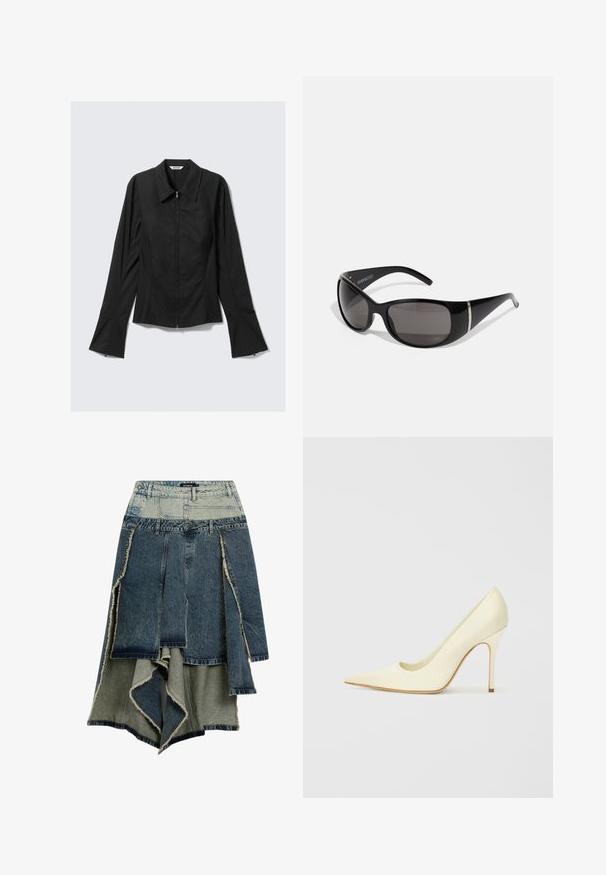 Chaqueta negra de manga larga para mujer con cremallera frontal, puños anchos y cuello, colocada plana sobre un fondo gris claro.; Falda de mezclilla con un diseño de patchwork en tonos variados de azul y verde, bordes deshilachados, dobladillo asimétrico y múltiples paneles.; Zapato de tacón alto hecho de cuero suave color crema. Presenta una punta afilada, una silueta elegante y un delgado tacón de aguja.; Gafas de sol negras con montura de plástico brillante, lentes grises con degradado y acentos en tono plateado a los lados. Diseño elegante y curvado.; Desigual Bolso de mano - black