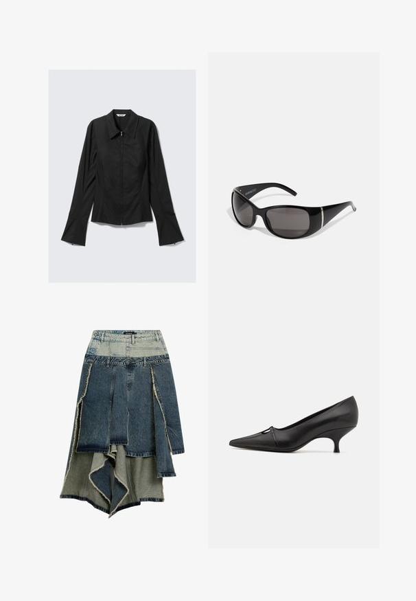 Crna ženska jakna dugih rukava s prednjim zatvaračem, širokim manžetama i kragnom, položena ravno na svijetlosivom pozadinu.; Traper suknja s dizajnom patchwork u raznim nijansama plave i zelene boje, izrezanim rubovima, asimetričnim donjim rubom i višestrukim panelima.; GIABORGHINI DANA - Klasične cipele s visokom petom - black; Crne sunčane naočale s sjajnim plastičnim okvirom, sivi leće sa gradijentom i srebrnim detaljima sa strane. Elegantan, zakrivljen dizajn.; Desigual Ručna torba - black