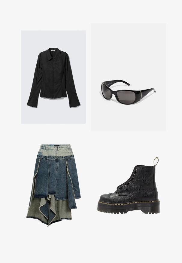 Musta pitkähihainen naisten takki, jossa on edessä vetoketju, leveät hihansuut ja kaulus, asetettuna tasaiseksi vaaleanharmaata taustaa vasten.; Farkkuhame, jossa on tilkkutyödesign, vaihtelevia sinisen ja vihreän sävyjä, revittyjä reunoja, epäsymmetrinen helma ja useita paneeleita.; Mustat nahkaisen nilkkurit, joissa on teksturoidun pinnan, pyöreä kärki, nauhakiinnitys, keltainen ommel ja paksu, uritettu musta alustapohja.; Mustat aurinkolasit, joissa on kiiltävät muovikehykset, harmaasävyiset gradienttilinssit ja hopeanväriset yksityiskohdat sivuilla. Tyylikäs, kaareva muotoilu.; Desigual Käsilaukku - black