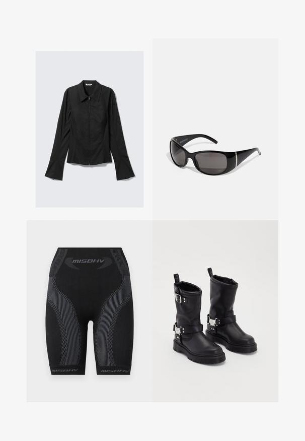 Svart långärmad damjacka med frontdragkedja, breda ärmslut och krage, liggande platt på en ljusgrå bakgrund.; Svarta sportshorts med en åtsittande design, texturerat tyg, vertikala grå ränder och "MISBHV"-logga vid fållen.; Svarta läderankelboots med en robust sula, försedd med en sidanspänne och dekorativ hårdvara. Slät yta med en dragflik.; Svarta solglasögon med glänsande plastbågar, gradientgrå linser och silverfärgade accenter på sidorna. Elegant, böjd design.; Even&Odd Shoppingväska - black