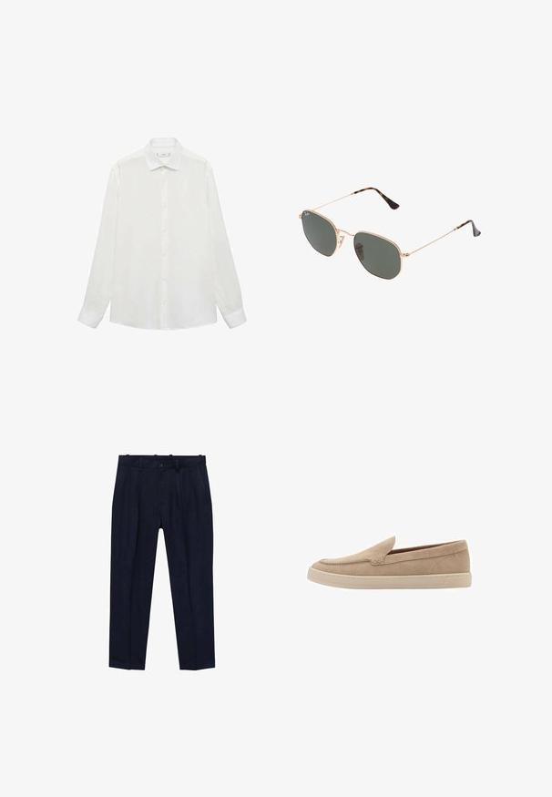 White button-up shirt with a classic collar, long sleeves, and a smooth texture. Features a plain design with matching buttons.; Navy trousers made of smooth fabric, featuring a slightly tailored fit, front pleats, belt loops, and a single button closure.; Beige suede slip-on shoe with a rounded toe and stitched detailing. Light-colored rubber sole with a low-profile design.; Gold metal-frame sunglasses with dark green lenses, aviator style, featuring slim arms and tortoiseshell accents on the tips.