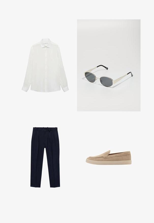 White button-up shirt with a classic collar, long sleeves, and a smooth texture. Features a plain design with matching buttons.; Navy trousers made of smooth fabric, featuring a slightly tailored fit, front pleats, belt loops, and a single button closure.; Beige suede slip-on shoe with a rounded toe and stitched detailing. Light-colored rubber sole with a low-profile design.; Sunglasses with oval gray lenses, silver metal frame, and black accents on temples. Features a sleek design and minimal hardware.