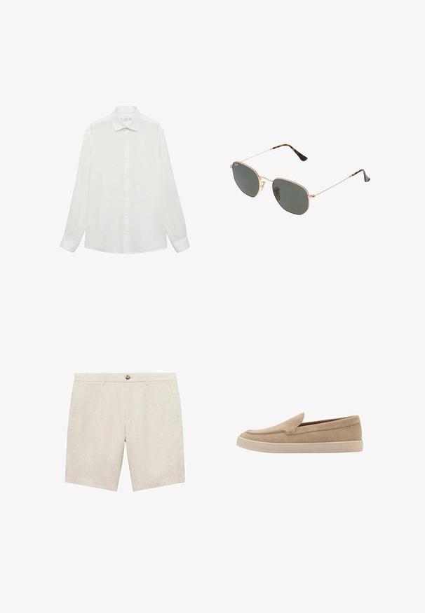 Witte overhemden met een klassieke kraag, lange mouwen en een gladde textuur. Heeft een eenvoudig ontwerp met bijpassende knopen.; Lichtbeige linnen shorts met een knoopsluiting, twee zijzakken en een gladde structuur. De beenlengte is boven de knie.; Beige nubuck instapper met een ronde neus en gestikte details. Lichtgekleurde rubberen zool met een laag profiel.; Gouden metalen zonnebril met donkergroene lenzen, aviator-stijl, met slanke scharnieren en schildpad-accenten op de uiteinden.