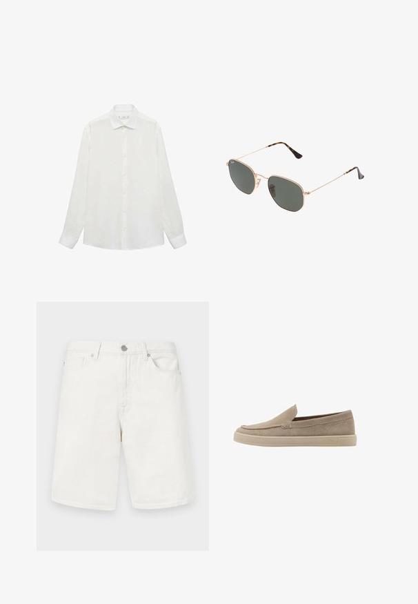 Bela srajca z gumbom in klasičnim ovratnikom, dolge rokave in gladko teksturo. Ima enostaven dizajn z usklajenimi gumbi.; Beli umetni hlače iz belega denima s ravnim krojem, ki vključujejo sprednje žepke, pas z zanko in kovinsko zaponko. Gladka tekstura.; Bež semiš cipele na uklizavanje s zaobljenim vrhom, niskim profilom i teksturiranom završnom obradom. Imaju suptilno prošivenu obrubu duž gornjeg dijela.; Sončna očala z zlatim kovinskim okvirjem in temno zelenimi lečami, aviatorskega sloga, z vitekimi ročaji in želvovim vzorcem na konicah.