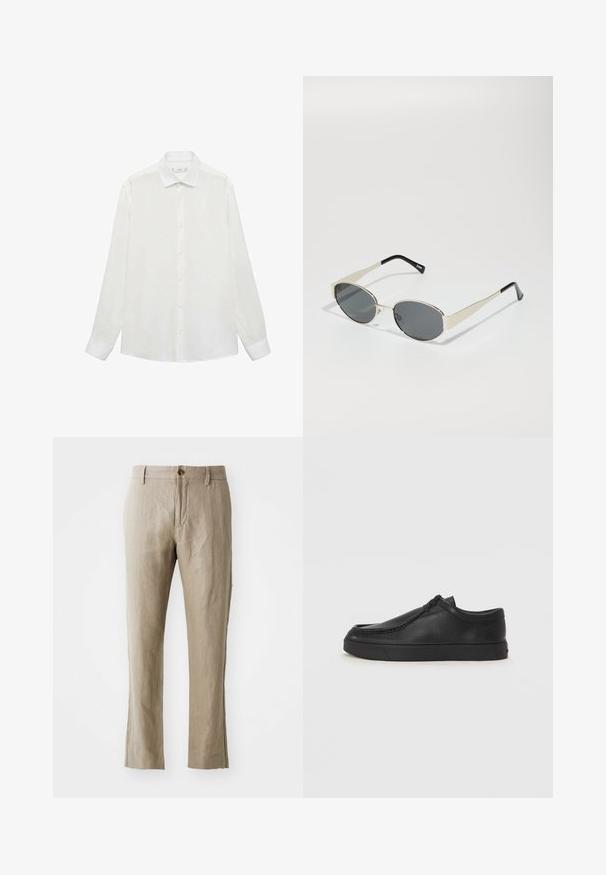Bílá košile na knoflíky s klasickým límcem, dlouhými rukávy a hladkou texturou. Má jednoduchý design s odpovídajícími knoflíky.; Béžové lněné kalhoty se straight střihem, s předním zapínáním na knoflík a hladkou texturou. Žádné viditelné vzory nebo akcenty.; Černé kožené nazouvací boty s kulatou špičkou, prošitím a černou gumovou podrážkou. Hladký povrch s minimalistickým designem.; Sluneční brýle s oválnými šedými skly, stříbrným kovovým rámem a černými akcenty na spáncích. Vyznačují se elegantním designem a minimálním množstvím upevňovacích prvků.