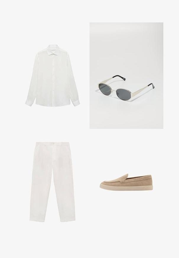 Chemise blanche à boutonnière avec un col classique, des manches longues et une texture lisse. Présente un design uni avec des boutons assortis.; Pantalons en coton blanc avec une coupe droite, dotés d'une fermeture à bouton, de passants de ceinture et de poches latérales. Texture lisse et design minimaliste.; Chaussure en daim beige à enfiler avec un bout rond et des détails cousus. Semelle en caoutchouc de couleur claire avec un design de profil bas.; Lunettes de soleil avec des verres ovales gris, monture en métal argenté et accents noirs sur les branches. Présentent un design épuré et un matériel minimal.