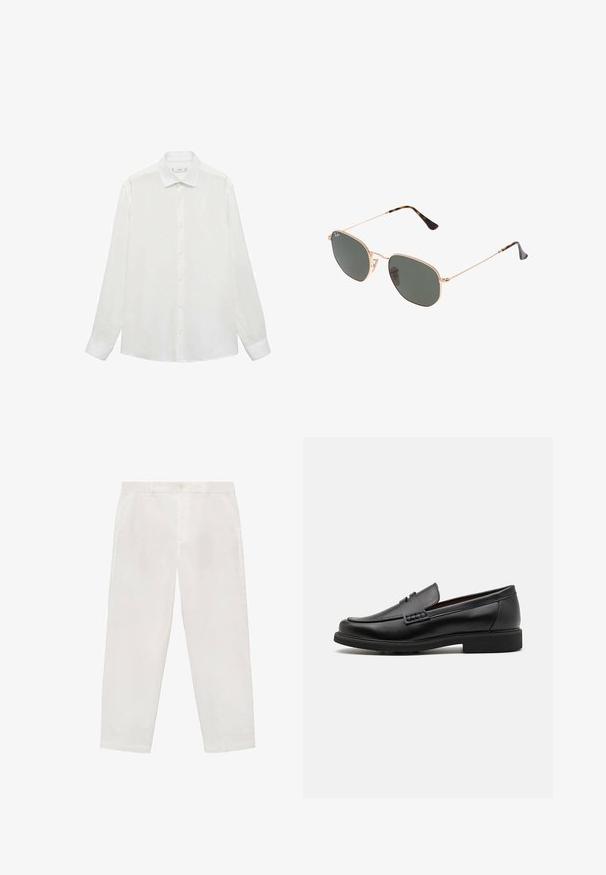 Witte overhemden met een klassieke kraag, lange mouwen en een gladde textuur. Heeft een eenvoudig ontwerp met bijpassende knopen.; Witte katoenen broek met een rechte snit, voorzien van een knoopsluiting, riemlussen en zijzakken. Vloeiende textuur en minimalistisch ontwerp.; Zwarte synthetische loafers met een opvallende gestikte voorkant, gevoerde binnenzool en platte rubberen buitenzool; slank ontwerp met minimale details.; Gouden metalen zonnebril met donkergroene lenzen, aviator-stijl, met slanke scharnieren en schildpad-accenten op de uiteinden.