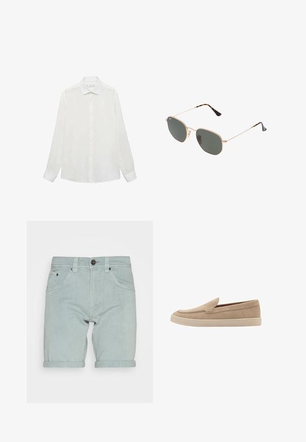 White button-up shirt with a classic collar, long sleeves, and a smooth texture. Features a plain design with matching buttons.; Light blue denim shorts with a rolled hem, featuring front pockets, and a single black button closure at the waist. Smooth texture.; Beige suede slip-on shoe with a rounded toe and stitched detailing. Light-colored rubber sole with a low-profile design.; Gold metal-frame sunglasses with dark green lenses, aviator style, featuring slim arms and tortoiseshell accents on the tips.