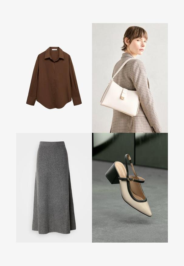 Mango Overhemdblouse - brown; Lindex SKIRT INA - Maxirok - dark grey melange; Beige puntige slingback schoen met zwarte rand, gouden gesp en een chunky blokhak op een grijze vloer met een donker groene achtergrond.; Witte leren handtas met een gestructureerd ontwerp, voorzien van een magneetsluiting en een schouderriem, tentoongesteld tegen een neutrale achtergrond.