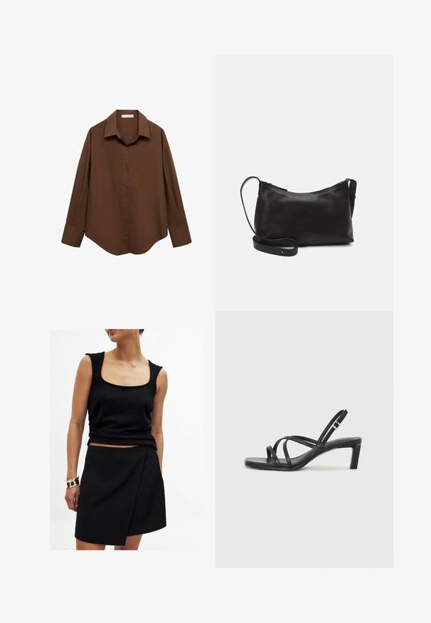 Mango Paitapusero - brown; Musta hihaton toppi, jossa on neliönmuotoinen pääntie, yhdistettynä yhteensopivaan mustaan kietaisuhameeseen, molemmat sileää kangasta. Kultaista rannetta koristi koru.; Mustat hihnalligat, joissa on neliön muotoinen kärki ja matala lohkokorko. Ominaisuuksiin kuuluu useita ohuita hihnoja ja säädettävä nilkkahihna. Valmistettu sileästä nahasta.; Musta nahkainen olkalaukku, jossa on sileä pinta, kaareva muoto, säädettävä hihna ja vetoketjukiinnitys. Minimalistinen muotoilu ilman koristeita.