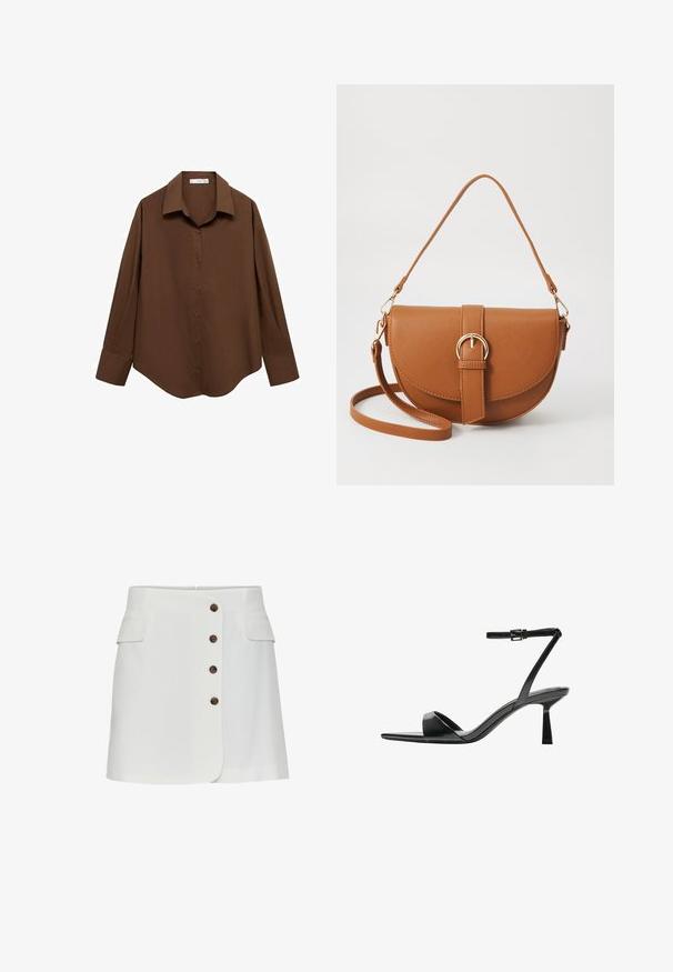 Mango Skjortebluser - brown; Hvid nederdel med seks brune knapper foran, to sidelommer og en let a-formet design. Glat stof med minimal tekstur.; Bershka Højhælede sandaletter / Højhælede sandaler - black; Brun læder crossbody taske med en buet form, guldfarvet hardware og en spændeaccent. Har en aftagelig skulderrem.