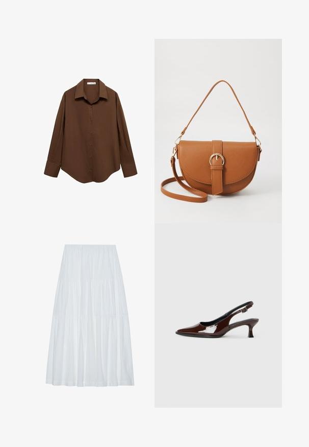 Mango Hemdbluse - brown; Weißer, gestufter Midi-Rock mit elastischem Bund, der aus einem strukturierten Stoff mit dezenten vertikalen Streifen besteht.; Braune Lackleder-Slingback-Schuhe mit spitzer Zehe und moderatem Absatz. Mit einem Schnallenriemen für einen sicheren Sitz. Glatte Textur.; Braune Leder-Crossbody-Tasche mit geschwungener Form, goldfarbenen Beschlägen und einer Schnallenakzentuierung. Verfügt über einen abnehmbaren Schultergurt.