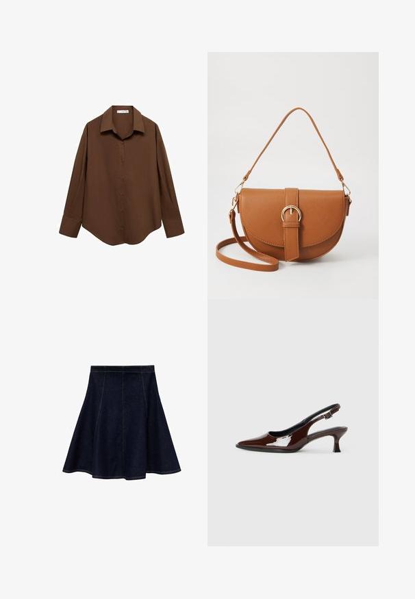 Mango Bluza z gumbi - brown; Denim A-linija krilo v temno modri barvi z kontrastnim rumenim šivom. Ima oprijet pas in razširjen rob, gladko teksturo in brez okraskov.; Rjavi lakirani slingback čevelj z ostro konico in zmerno peto. Ima zaponko za varno prileganje. Gladka tekstura.; Rjava usnjena torbica prek telesa s ukrivljeno obliko, zlate opreme in sponko. Ima odstranljiv naramni trak.