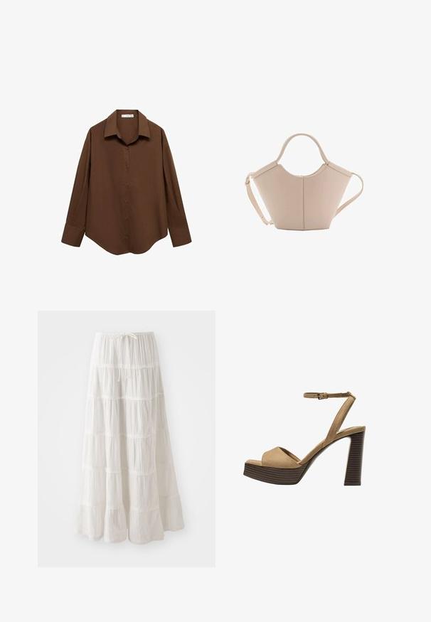 Mango Bluza z gumbi - brown; Bele maxi krilo z več plastmi, izdelano iz lahkega materiala. Ima elastičen pas z vrvico in naborane robove.; Bež semiš sandali na visoki peti z širokim sprednjim trakom in trakom okoli gležnja, opremljeni z debelim lesenim blokom peto z teksturirano površino.; Bežna usnjena torbica edinstvene oblike, z dvema kratkima ročajema in dolgim nastavljivim trakom. Gladka tekstura z minimalno kovinsko opremo.