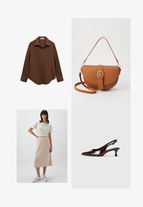 Mango Camicia - brown; Jimmy Key BASIC COMFORTABLE MIDI SKIRT - Gonna a campana - bej-130; Scarpa slingback in pelle verniciata marrone con punta affusolata e tacco moderato. Presenta una fascia con fibbia per una calzata sicura. Tessuto liscio.; Borsa a tracolla in pelle marrone con forma curvata, hardware dorato e un dettaglio con fibbia. Presenta una tracolla rimovibile.