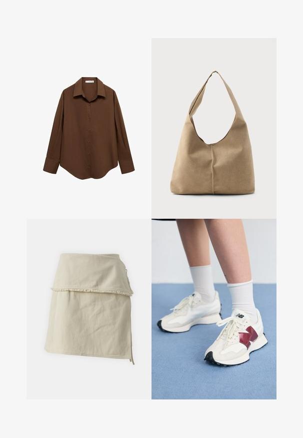 Mango Bluza z gumbi - brown; Bežna zavita krila iz bombaža, ki se ponaša s plastno zasnovo, raztrgano obrobje in stranskima vezaloma za prilagodljivo prileganje. Gladka tekstura po celi površini.; Par belih športnih copat z maroon detajli, teksturiranimi paneli, ravnim črnim podplatom in svetlim vezalkami, obutih z belimi gležnjarji.; Hobo torba iz mehkega bež nubuka z ohlapno obliko, širokim ramenskim trakom in ročno šivanim šivom po sprednji strani.