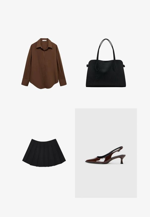 Mango Blúzka so zapínaním na gombíky - brown; Čierna plisovaná sukňa s viacerými vertikálnymi záhybmi, hladkou textúrou a kruhovým lemom, navrhnutá s neviditeľným bočným zipsom.; Hnedá lakovaná slingback obuv s špicatou špičkou a mierne vysokým opätkom. Obsahuje pracku pre bezpečné upevnenie. Hladká textúra.; Čierna kožená kabelka s dvojitými popruhmi na rameno, obdĺžnikový tvar a minimalistický dizajn na bielom pozadí.