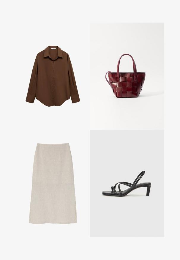 Mango Skjortebluser - brown; Lys beige linned nederdel med en lige silhuet, sideslidser og en subtil tekstureret finish. Ingen synlig hardware eller dekorationer.; Sort remsandale med firkantet tå og en lav blokeret hæl. Har flere tynde stropper og en justerbar ankelrem. Fremstillet af glat læder.; Vevet bordeaux læder tote taske med to korte håndtag og en aftagelig skulderrem. Har en struktureret form og en glat overflade.