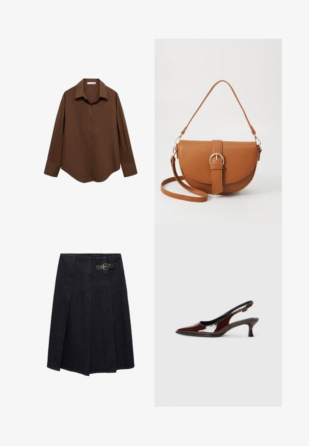 Mango Camicia - brown; Gonna in denim scuro con vita aderente, dettaglio con fibbia laterale, design plissettato e silhouette leggermente svasata. Cuciture decorative in tutto il capo.; Scarpa slingback in pelle verniciata marrone con punta affusolata e tacco moderato. Presenta una fascia con fibbia per una calzata sicura. Tessuto liscio.; Borsa a tracolla in pelle marrone con forma curvata, hardware dorato e un dettaglio con fibbia. Presenta una tracolla rimovibile.