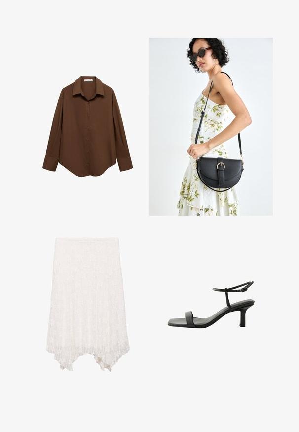 Mango Blúzka so zapínaním na gombíky - brown; Biela čipkovaná sukňa s vrstveným dizajnom, so kvetinovým vzorom a asymetrickým lemom, ktorý je vpredu kratší a vzadu dlhší.; Next FOREVER COMFORT  SIMPLE REGULAR FIT - Sandále - black; Čierna kožená kabelka s zaobleným tvarom, odnímateľným popruhom a zlatými doplnkami. Kabelka má klopu s detailom s prackou.
