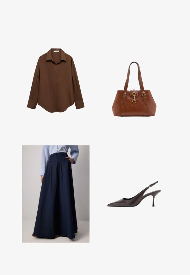Mango Chemisier - brown; Jupe longue marine avec plis, fabriquée en tissu léger, dotée de poches latérales et d'une taille haute. Texture lisse et drapé élégant.; Talons aiguilles slingback en cuir verni marron foncé, avec un talon haut élancé et une sangle de cheville réglable avec une boucle.; Sac à main en cuir marron avec deux poignées, de forme arrondie, matériel en or et un détail de boucle central. Texture lisse avec des accents cousus.