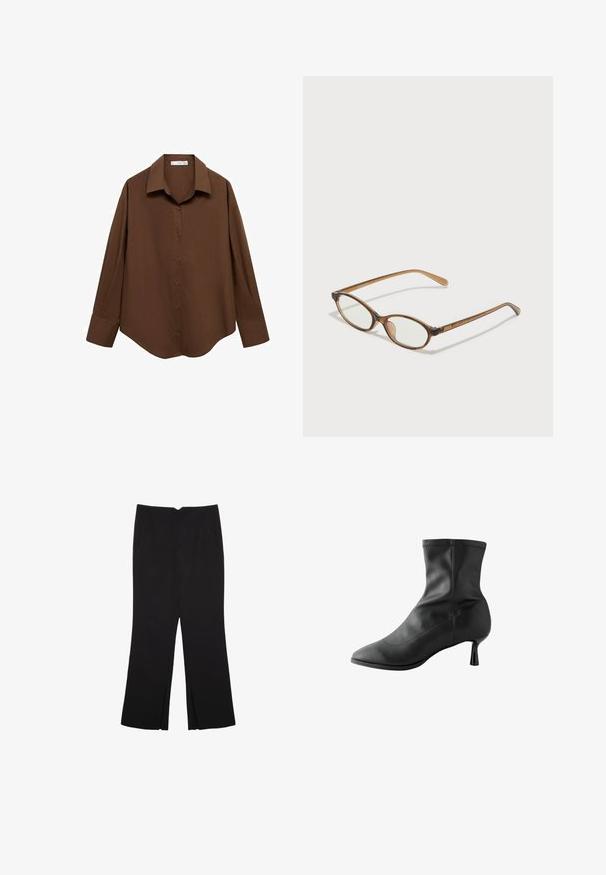 Mango Paitapusero - brown; Mustat housut suoralinjaisella leikkauksella, joissa on etutaskut ja sivurei'ät helman alla. Valmistettu pehmeästä ja sileästä kankaasta. Sopii eri tilaisuuksiin.; Musta nilkkuri, joka on valmistettu sileästä nahasta, ja jossa on terävä kärki sekä kapea, sylinterimäinen korko. Yksityiskohtana on koristelu yläreunassa.; Ruskeat kilpikonnaruutulasiset silmälasit, joissa ovaalit linssit, ohuet varret ja läpinäkyvät yksityiskohdat. Temppeleissä on huomaamaton logo. Suunnittelultaan suora ja kevyt.