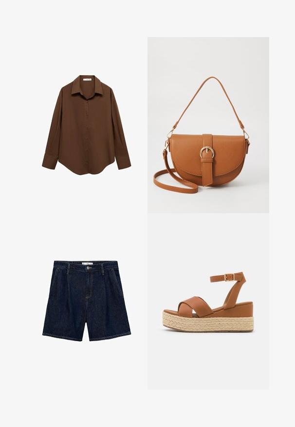 Mango Blúzka so zapínaním na gombíky - brown; Tmavo modré denim šortky s vysokým pásom, ktoré majú dve bočné vrecká a predné zapínanie na gombík. Hladká textúra a neformálny dizajn.; Hnedé platformové sandále s tkanou jutovou základňou, širokými kríženými popruhmi a členkovým remienkom so zlatou prackou. Hladká kožená textúra.; Hnedá kožená kabelka cez telo s zakriveným tvarom, zlatými kovovými doplnkami a akcentom s prackou. Obsahuje odnímateľný ramenný popruh.