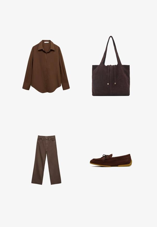 Mango Camicia - brown; Jeans a gamba larga marroni in denim, con vita alta, tasche anteriori e chiusura a bottone classica. Tessuto liscio con cuciture sottili.; Mocassini in suede marrone con punta rotonda, dettagli in pizzo e suola in gomma gialla flessibile. Design semplice e privo di decorazioni.; Mango Shopping bag - dark brown