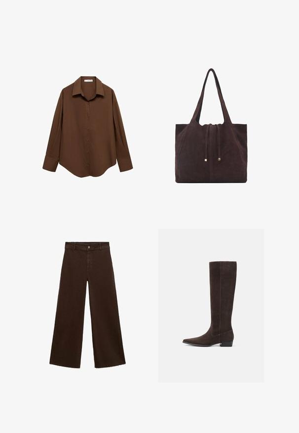 Mango Camicia - brown; Pantaloni larghi marroni in misto cotone, caratterizzati da orlo sfrangiato, chiusura frontale con bottone e classico design a cinque tasche. Minimalisti e versatili.; Stivali alti fino al ginocchio in suede marrone con punta affusolata e tacco basso. Texture liscia, cuciture minime e assenza di hardware o accenti prominenti.; Mango Shopping bag - dark brown