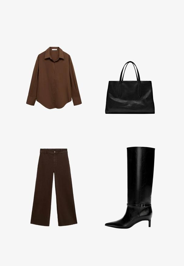 Mango Camicia - brown; Pantaloni larghi marroni in misto cotone, caratterizzati da orlo sfrangiato, chiusura frontale con bottone e classico design a cinque tasche. Minimalisti e versatili.; Stivale in pelle nera alto fino al ginocchio con punta appuntita e tacco basso. Presenta una cinghia sottile con una fibbia metallica attorno alla caviglia. Texture liscia.; Borsa tote in pelle nera con due manici allungati, forma strutturata, texture liscia e design minimalista. Nessun metallo visibile o accenti.