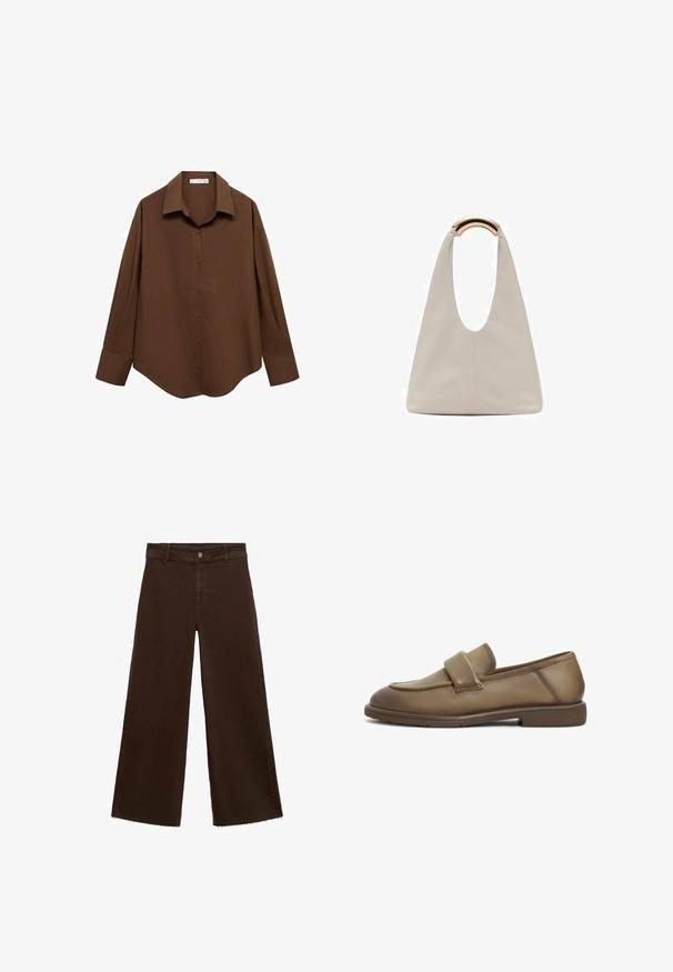 Mango Paitapusero - brown; Ruskeat leveät housut puuvillasekoituksesta, joissa on revitty helma, etunappikiinnitys ja perinteinen viisi-taskuinen muotoilu. Minimalistiset ja monikäyttöiset.; Ruske nahkasaappaad pehmea tekstuuriga, millel on lai rihm üle jala ja madal, lame kummitald. Lihtne, tagasihoidlik disain.; Vaalea harmaa nahkalaukku, jossa on U-muotoinen muotoilu ja kaareva metallikahva. Suora pinta, jossa on minimaalinen ompelu ja ei näkyviä kuvioita.